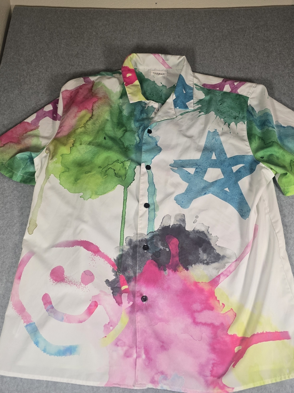 PacSun Mens XL Paint Splatter Star Smiley Button Up Shirt Y2K Streetwear